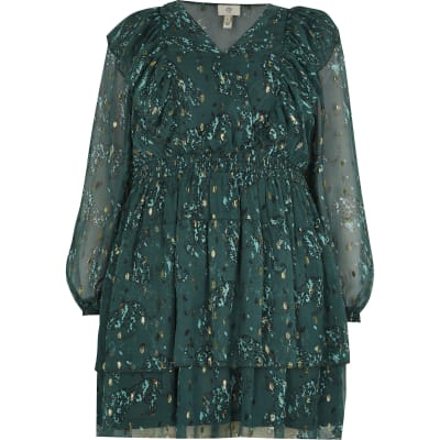 Plus green floral ruffle mini dress
