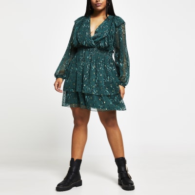 Plus green floral ruffle mini dress