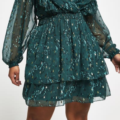 Plus green floral ruffle mini dress