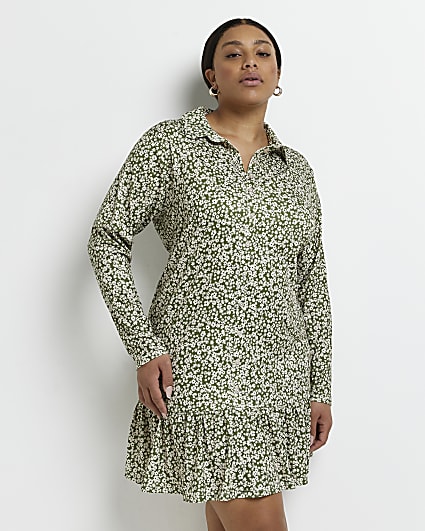 Plus green floral shirt dress