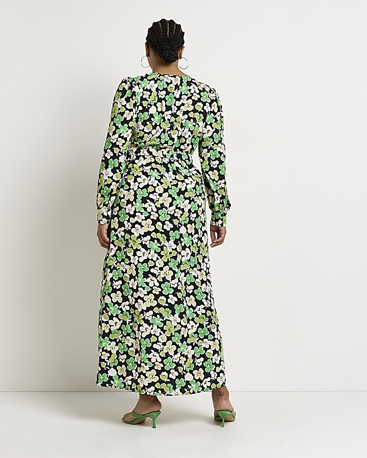 Plus green floral wrap maxi dress