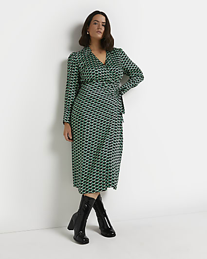 Plus green geometric print wrap dress
