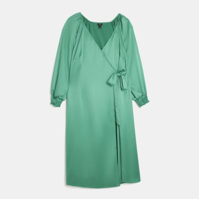 Plus green long sleeve wrap midi dress