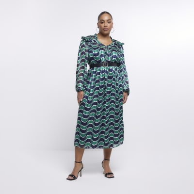 Plus green print long sleeve midi dress