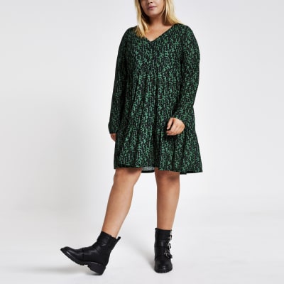Plus green printed mini smock dress