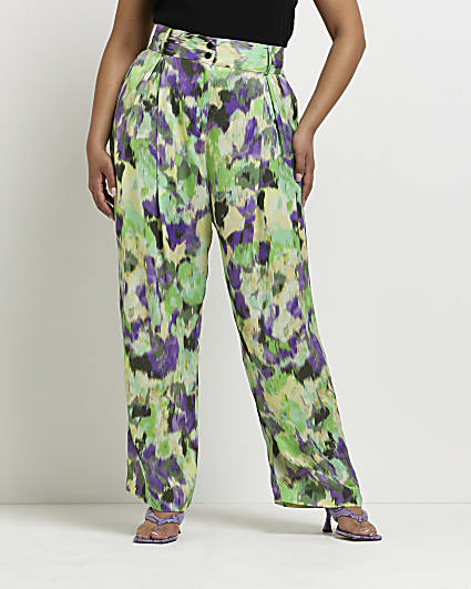 Plus green printed wide leg pleated trousers