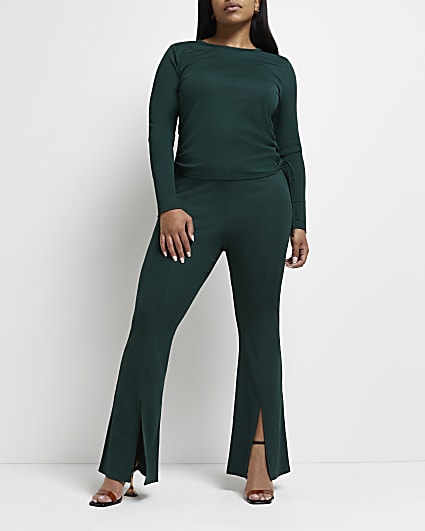 Plus green ribbed split front flared trousers