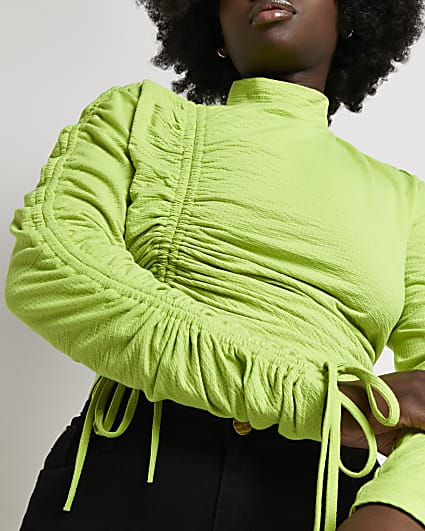 Plus green ruched high neck top