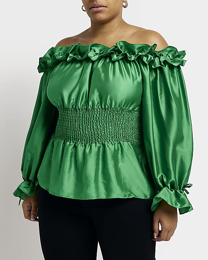Plus green satin bardot blouse