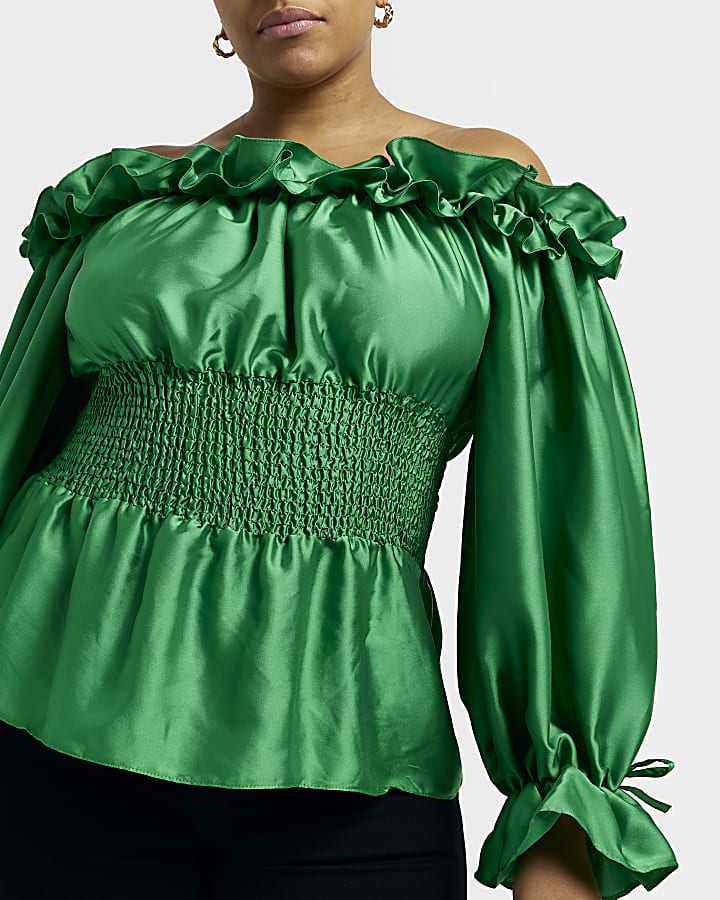 Plus green satin bardot blouse