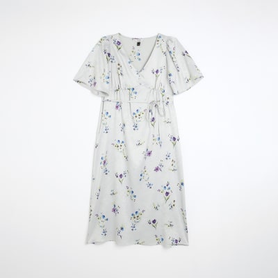 Plus green satin floral swing midi dress