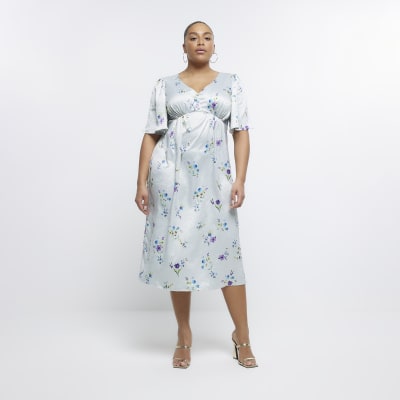 Plus green satin floral swing midi dress,River Island