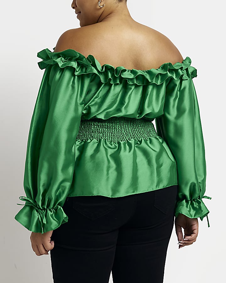 Plus green satin frill blouse