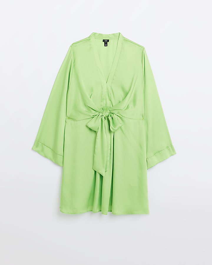 Plus green satin long sleeve mini dress