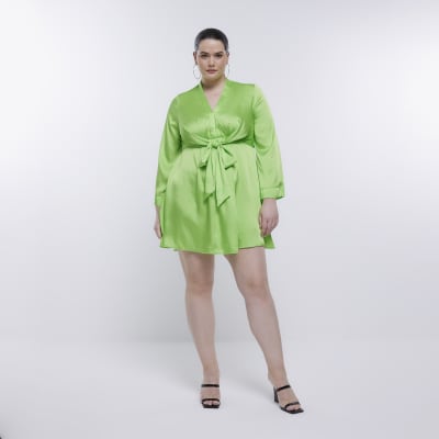 Plus green satin long sleeve mini dress