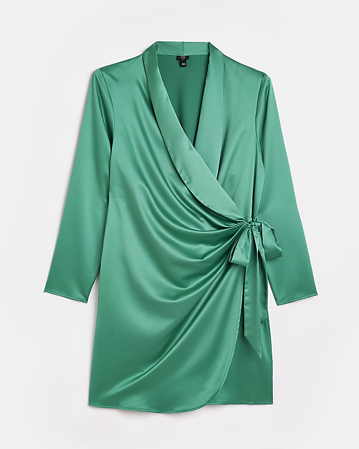 Plus green satin long sleeve wrap mini dress