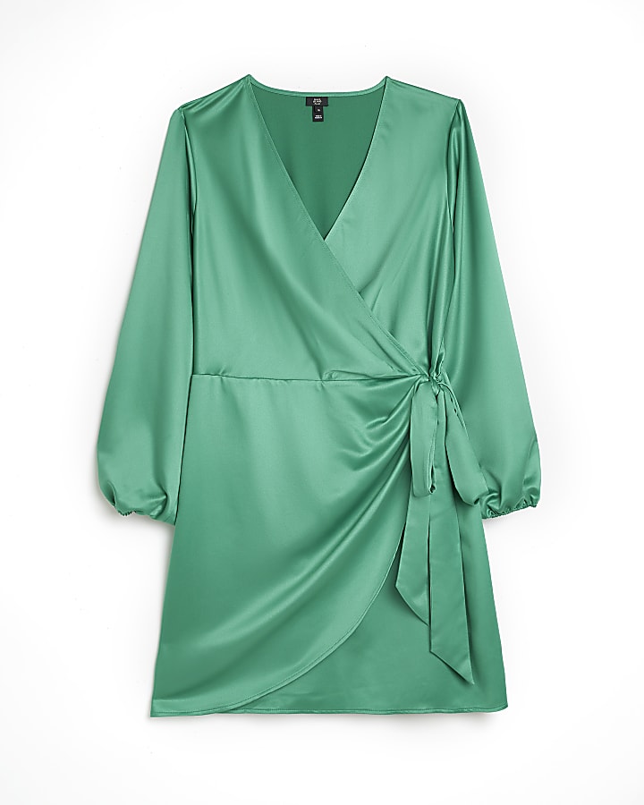 Plus green satin wrap mini dress