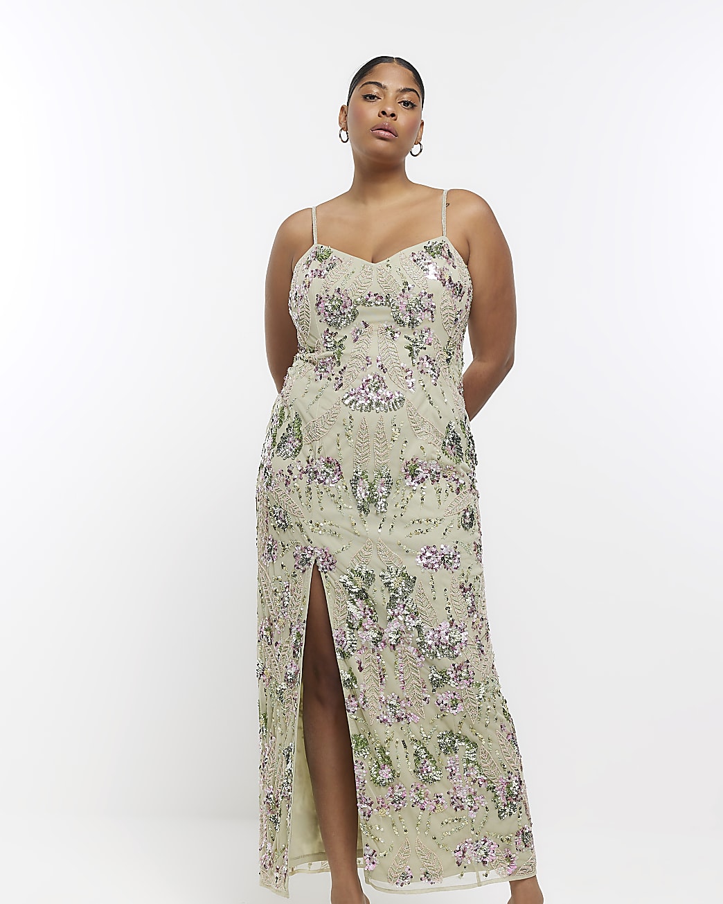 riverisland.com | Plus Green Sequin Floral Bodycon Maxi Dress