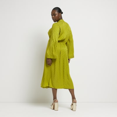 Plus green spot satin swing midi dress River Island