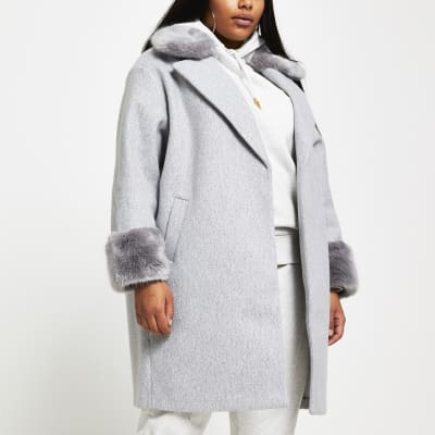 Plus grey faux fur collar hem coat