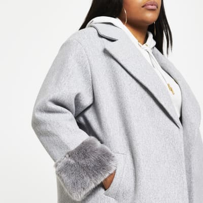Plus grey faux fur collar hem coat