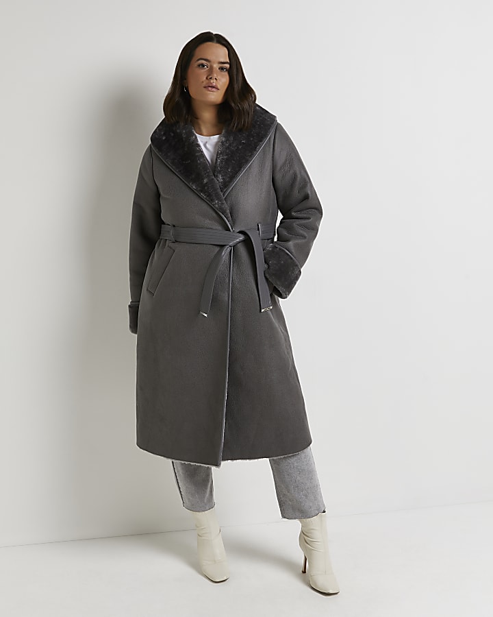 Plus grey faux fur trim belted trench coat
