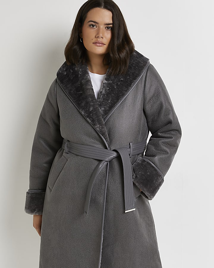 Plus grey faux fur trim belted trench coat