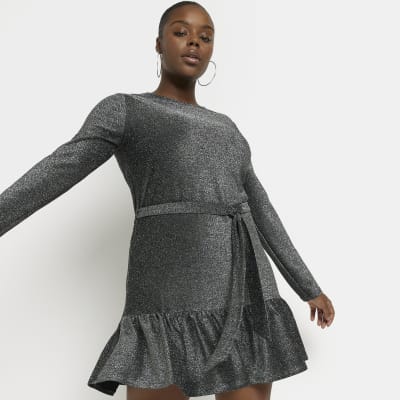 Plus grey glitter tie waist skater mini dress