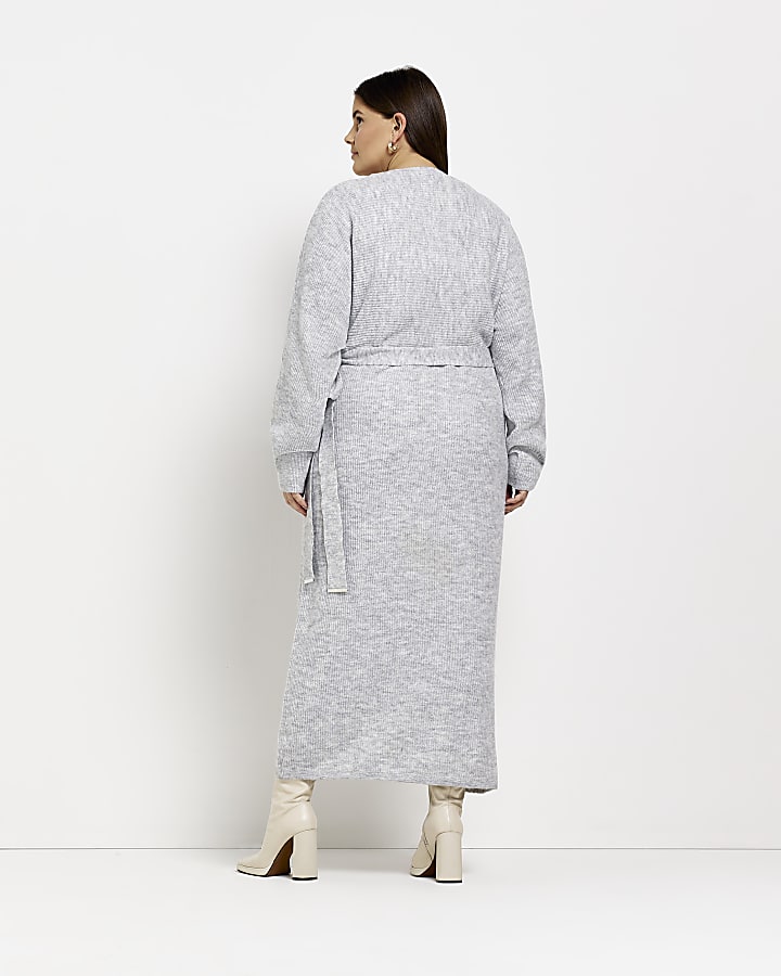 Plus grey knit long sleeve wrap midi dress
