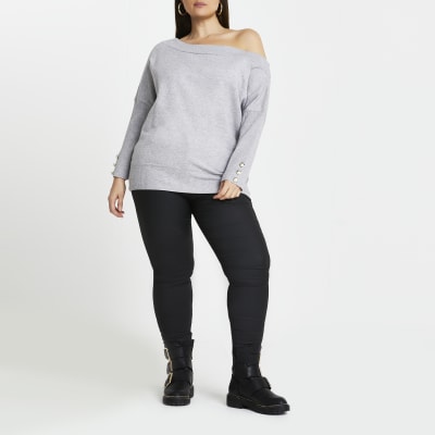 Plus grey open neck asymmetric top