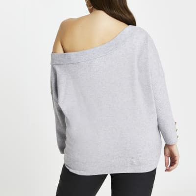 Plus grey open neck asymmetric top