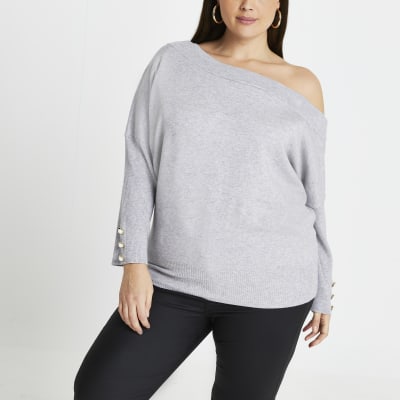 Plus grey open neck asymmetric top