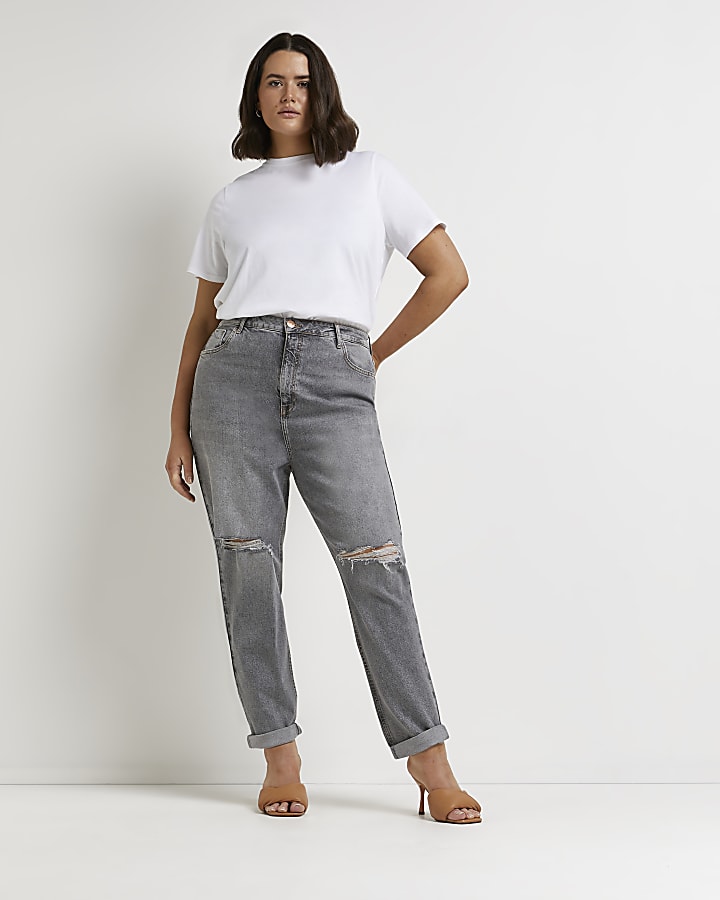 Plus grey ripped high waisted mom jeans
