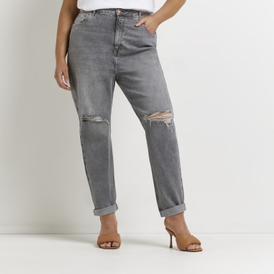 Plus grey ripped high waisted mom jeans | River Island