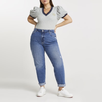 Plus grey v neck badge tipped rib top