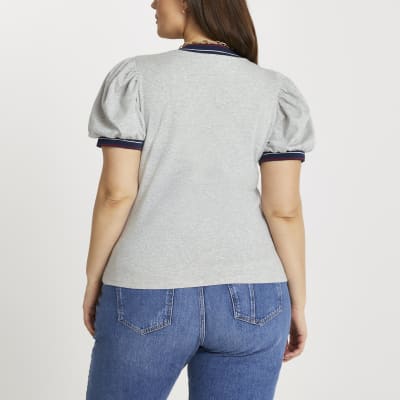 Plus grey v neck badge tipped rib top