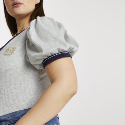 Plus grey v neck badge tipped rib top