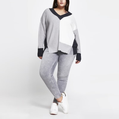 Plus grey v neck colour block jumper