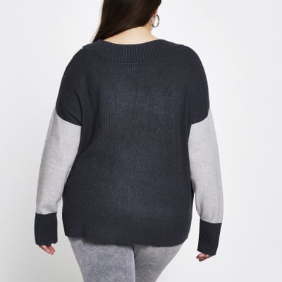 Plus grey v neck colour block jumper