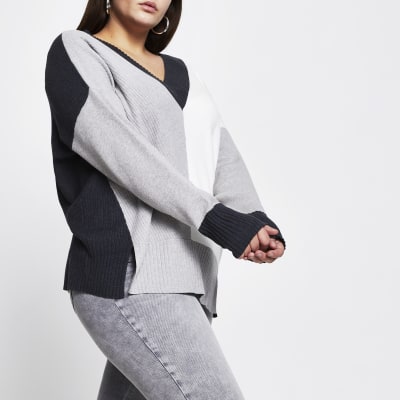 Plus grey v neck colour block jumper