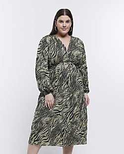 Plus Khaki Animal Print Midi Dress