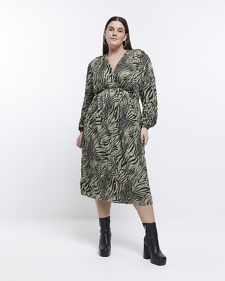 Plus Khaki Animal Print Midi Dress