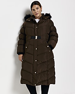 Plus khaki belted longline puffer coat
