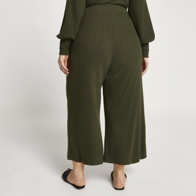 Plus khaki belted ribbed culottes