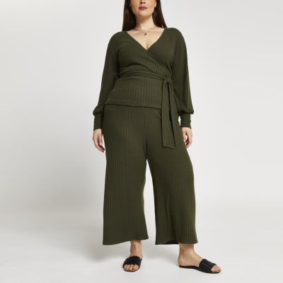 Plus khaki belted ribbed culottes