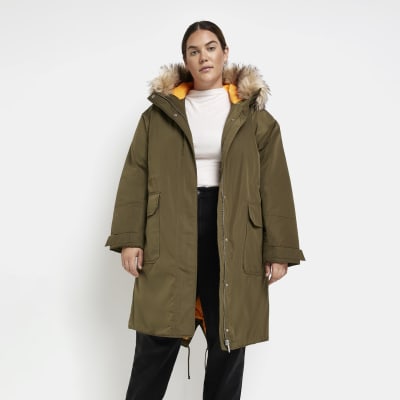 River Island monogram padded belted jacket with faux fur hood in brown