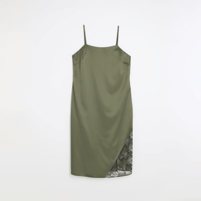 Plus khaki lace slip midi dress River Island