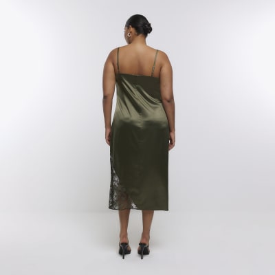 Plus khaki lace slip midi dress River Island