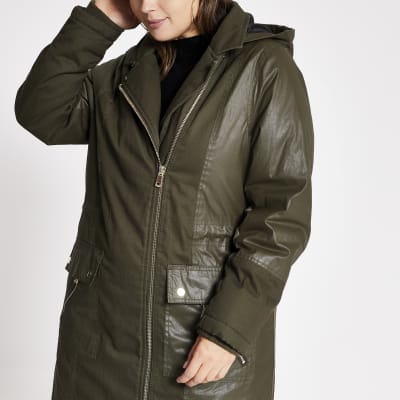 Plus khaki long sleeve faux fur parka coat