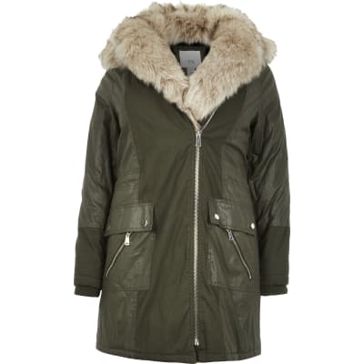 Plus khaki long sleeve faux fur parka coat